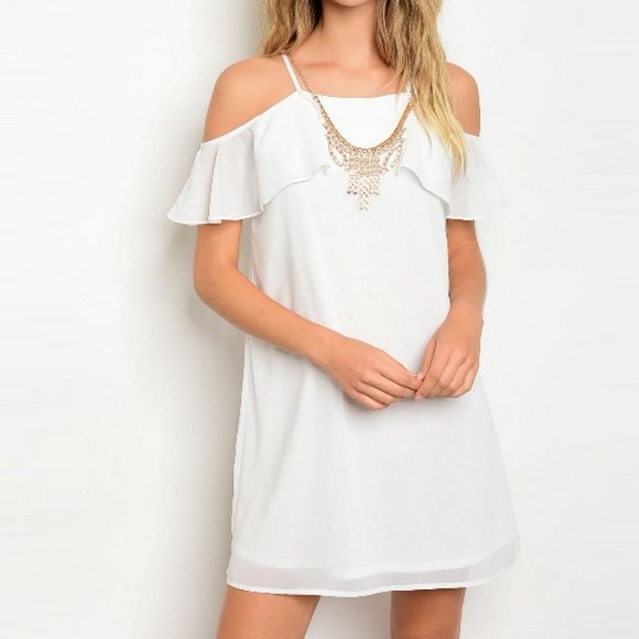 white ruffle shift dress